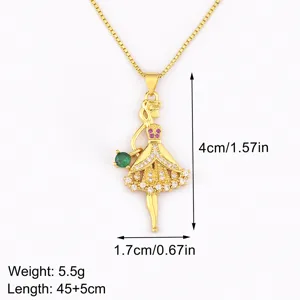 Collier pendentif danseuse de ballet plaqué or avec zircons colorés pour femmes et filles élégantes.