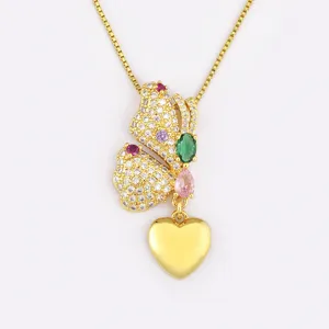 Collier pendentif papillon danseur de ballet et cœur en cristal plaqué or 18K pour femme.