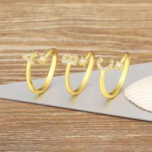 18k gold plated micro paved cubic zirconia initial letter open rings minimalist fashion jewelry