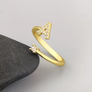 Gold plated zircon letter A open ring detail view, minimalist fashion jewelry for women.
