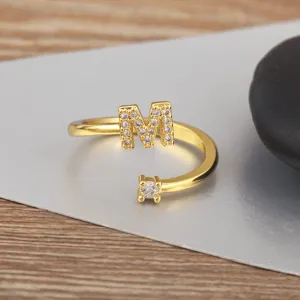 18k gold plated micro paved zircon initial letter m open ring minimalist fashion jewelry