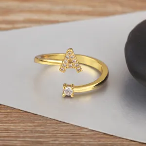 18K Gold Plated Copper Micro Pave Zirconia Alphabet Open Ring Minimalist Adjustable Initial Ring Fashion Jewelry For Women