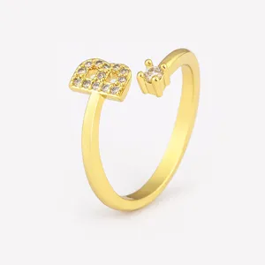 Gold plated letter B zircon open ring, delicate minimalist fashion jewelry for women daily wear.