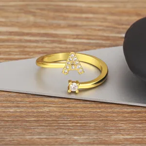 Gold plated brass micro pavé zirconia initial letter A open ring for women fashion jewelry.