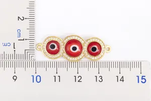 Pendentif triple mauvais oeil plaque or zircone oxyde de zirconium email rouge connecteur