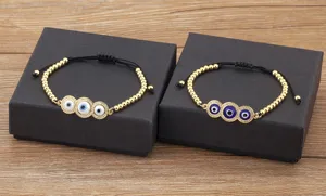 Bracelet de perles œil turc avec zircon plaqué or 18k et cordon réglable pour femmes.