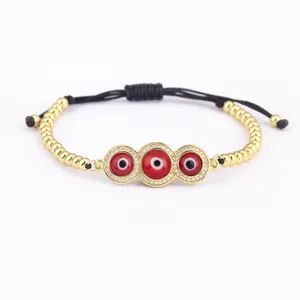 Bracelet de Perles Œil Maléfique Rouge Plaqué Or Ajustable Bijou Turc Vue Principale
