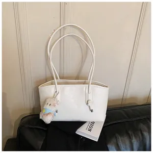 Women white PU leather tote bag minimalist shoulder bag casual chic handbag large capacity
