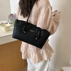 Classic black women's shoulder tote bag, large capacity PU leather commuter daily bag.
