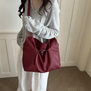 Stylish women burgundy leather tote bag large capacity casual shoulder hobo handbag