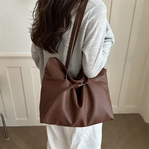 Trendy slouchy leather tote bag for women, minimalist brown shoulder bag, casual summer daily purse.