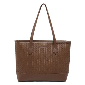Brown woven tote bag for women, large capacity shoulder bag, stylish casual commuter bag.