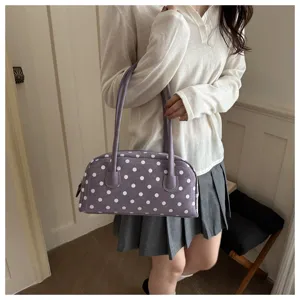 Purple polka dot shoulder bag, casual trendy pillow bag for women, daily commute style.