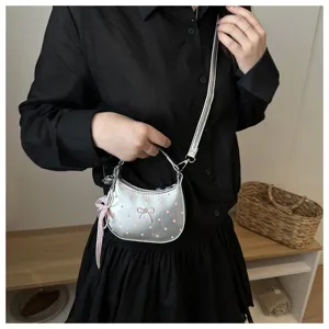 Silver crescent shoulder bag for women cute pink polka dots chic hobo handbag for daily commuting