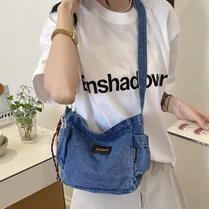 Korean style denim crossbody shoulder bag, large capacity casual tote for daily commute.