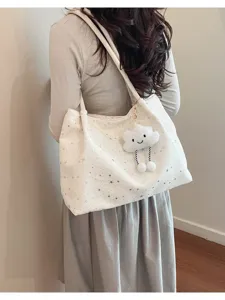 Korean style casual shoulder tote bag with cute cloud pendant, large capacity commuter bag.