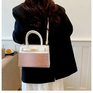 Stylish casual women shoulder bag contrast color crossbody tote PU leather top handle handbag