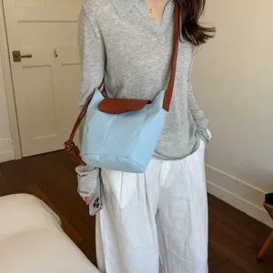 Bolso cubo de lona para mujer retro color contrastante bandolera bolso de hombro moda