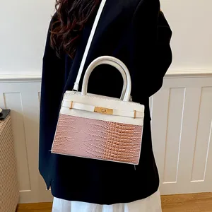 Stylish casual women shoulder bag, pink crocodile pattern PU leather handbag, commute crossbody tote.