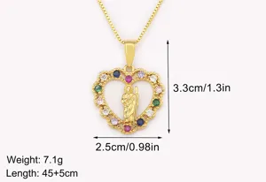 18k gold plated colorful cubic zirconia heart pendant necklace with saint charm religious jewelry