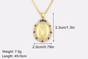Gold Plated Virgin Mary Pendant Necklace with Blue and White Zircon Stones Length 45+5cm