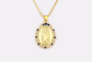 18k gold plated copper oval virgin mary pendant necklace with blue and white zircon stones.