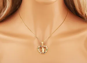 Detailed close-up of 18k gold plated heart necklace with colorful cubic zirconia stones.