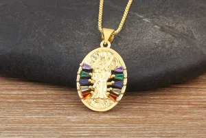 Detailed close-up of the gold-plated grim reaper pendant with colorful baguette zirconia.