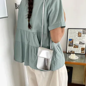 Women metallic silver crossbody phone bag small coin purse stylish chic single shoulder bag