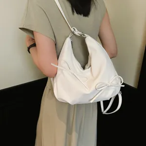Women white slouchy shoulder bag stylish pleated dumpling backpack with cute bow details for daily use