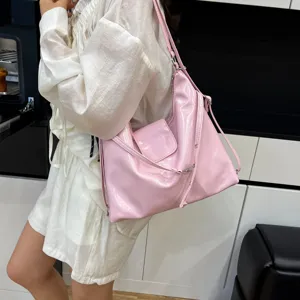 Stylish pink patent leather shoulder tote bag, large capacity casual crossbody bag for women.