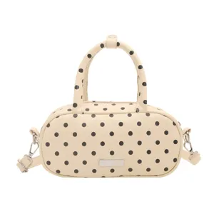 Beige schoudertas met polkadots, chique crossbody handtas met handvatten voor dames.