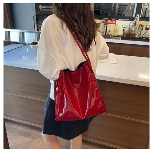 Large capacity solid color patent leather shoulder tote bag casual daily commuting handbag