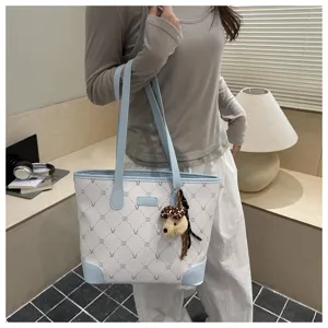 Large capacity women's tote bag stylish blue and white monogram shoulder bag commute