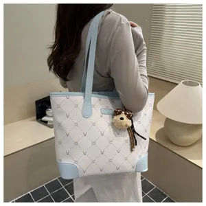 Women large capacity tote shoulder bag, chic monogram handbag with cute bear charm.
