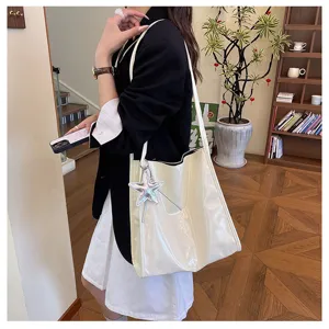 Large capacity glossy shoulder tote bag for women, simple solid color commuting handbag.