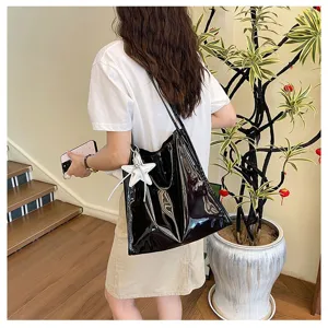 Black patent leather tote bag for women, large capacity casual shoulder commuter bag.