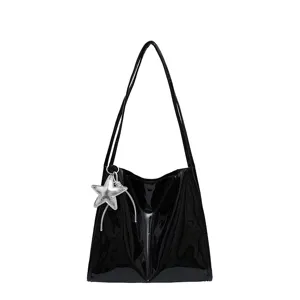 Black patent leather shoulder tote bag with silver star pendant, large capacity casual handbag.