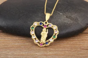 Gold plated heart pendant necklace detail featuring colorful cubic zirconia stones and charm.