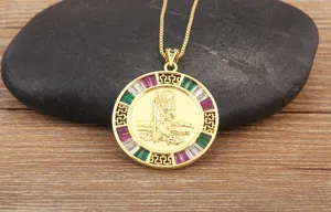 Gold plated colorful cubic zirconia round pendant necklace detail view, fine jewelry craftsmanship.