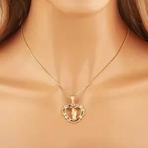 Gold Plated Heart Colorful Zircon Pendant Necklace Fashion Jewelry for Women Daily Wear