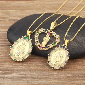 Gold plated 18k religious pendant necklace set with colorful cubic zirconia stones for women.