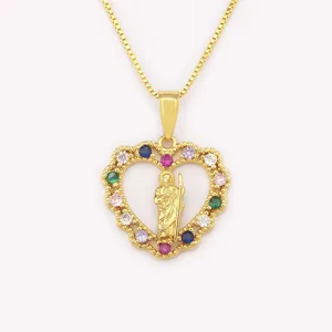 Gold plated heart pendant necklace with colorful cubic zirconia stones for women daily wear.