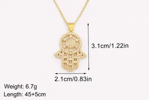 Gold Plated Hamsa Hand Pendant Necklace CZ Zirconia Evil Eye Charm Jewelry for Women 45+5cm