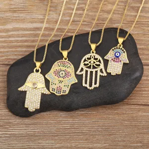 18K Gold Plated Copper Hamsa Hand Evil Eye Pendant Necklace For Women Zirconia Inlaid Fashion Jewelry Turkish Amulet Adjustable Chain Gift