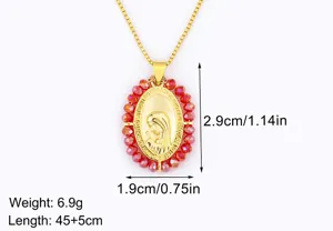 18K vergulde vintage ovale Heilige Maagd Maria hangketting met rode acrylparels.