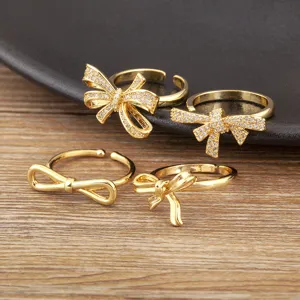18 Karat Vergoldet Kupfer Schleife Ring Für Frauen Verstellbar Zirkonia Eingelegt Eleganter Luxus Schleifenknoten Offener Ring Modeschmuck