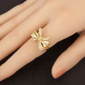 Exquisiter vergoldeter Kristall Schleifen Ring eleganter offener Fingerschmuck Damen