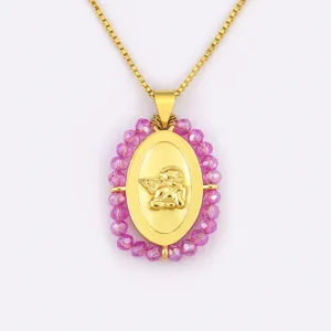 Collana con ciondolo angelo placcato oro con perline di cristallo rosa gioielli moda donna.