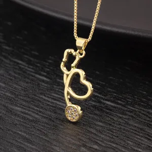 Stethoscope Heart Pendant Necklace 18K Gold Plated Copper Zirconia Hip Hop Medical Jewelry For Nurse Doctor Women Gift